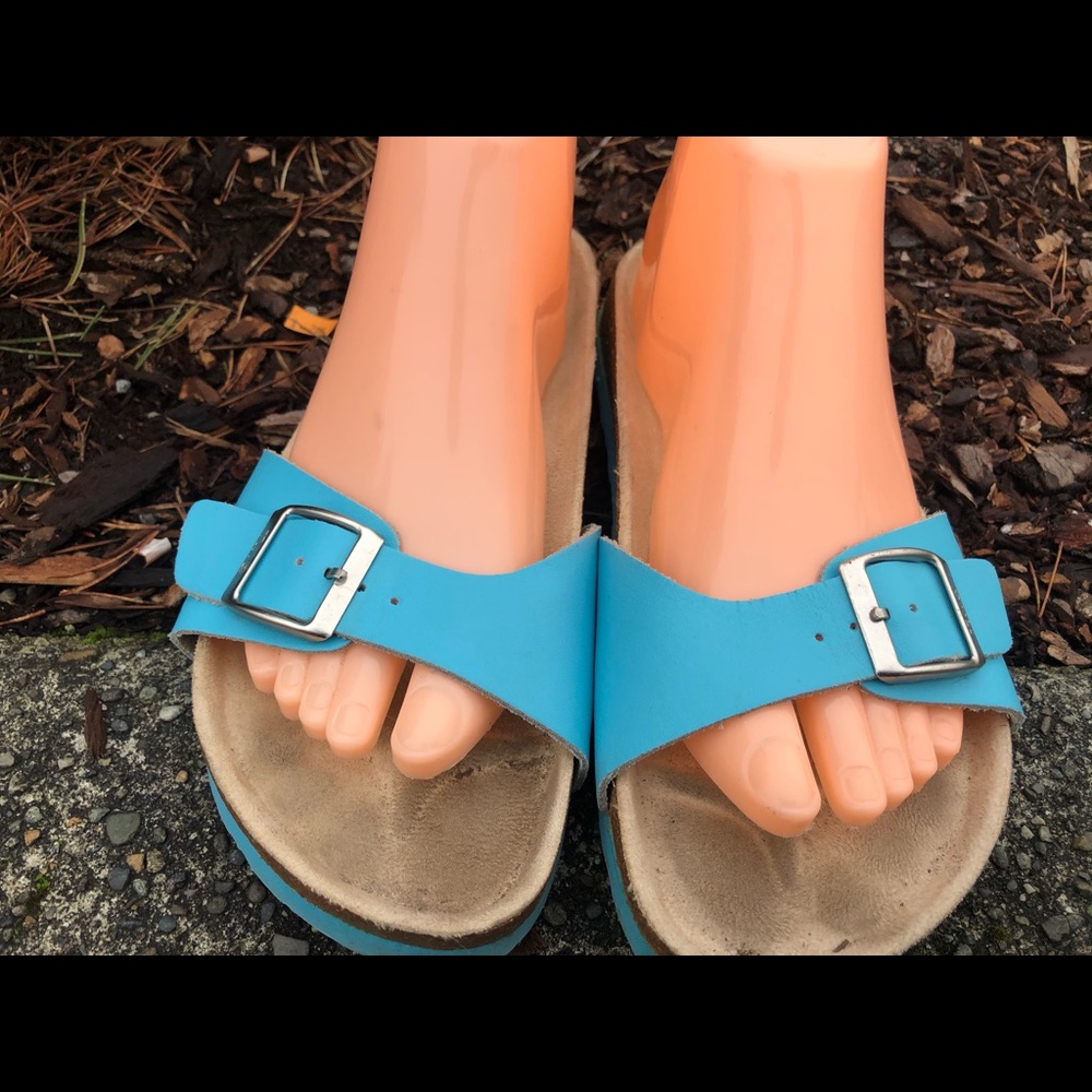 Tula Teal Blue Leather Slide On Thong Sandals - Picture 2 of 7